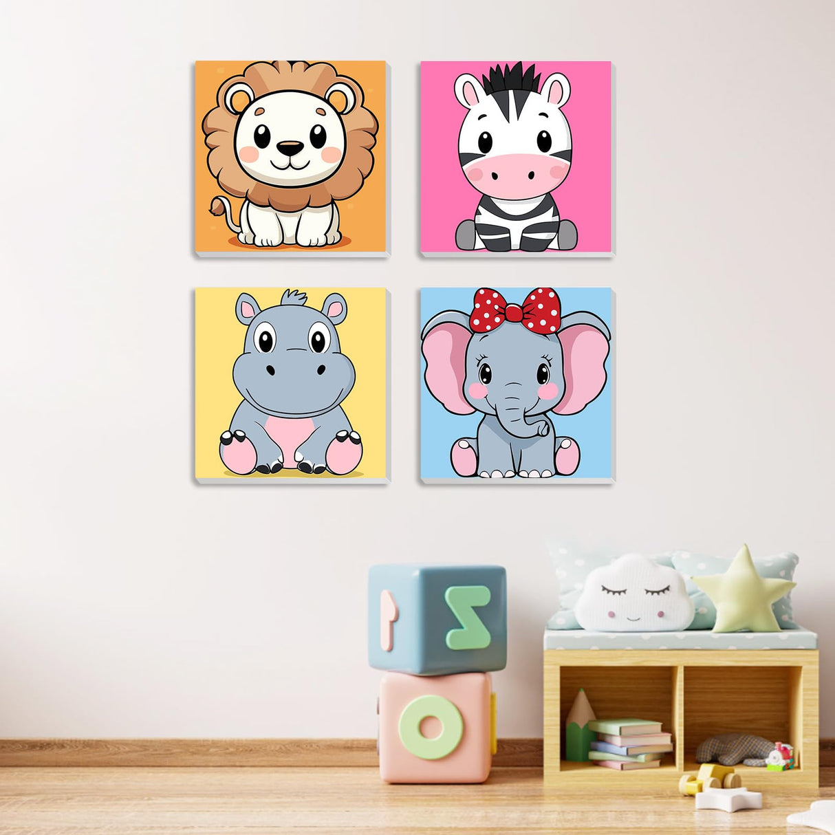 MXJSUA 4 Pack Lion Zebra Animals Paint by Numbers Kit with Framed Canvas for Kids, Hippo Elephant by Number Painting Kits for Ages 6-12 Kids, Acrylic Oil Paint by Number Kits for Beginners 8x8 Inch MXJSUA