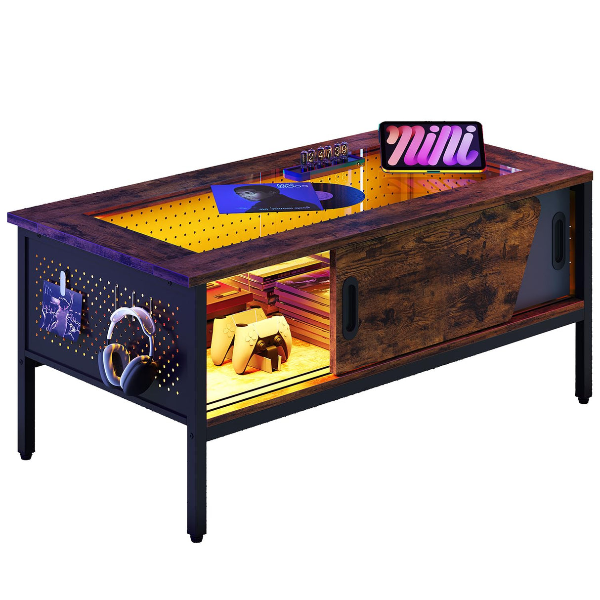 Bestier LED Coffee Table with Storage Glass Coffee Tables for Living Room with Sliding Doors, 42 Inch Rustic Brown Living Room Center Table Bestier