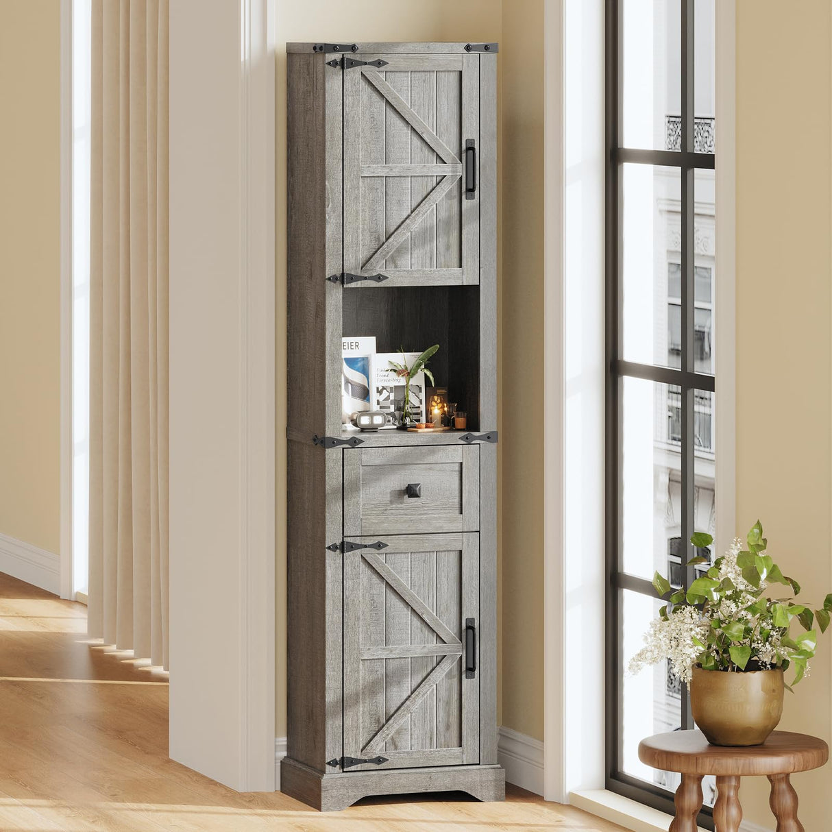 66" Tall Farmhouse Bathroom Storage Cabinet with Barn Doors and Drawer, Narrow Storage Unit, Adjustable Shelves & 5-Tier Space, Freestanding Cabinet for Bathroom, Entryway, Kitchen, Wash Grey Vabches