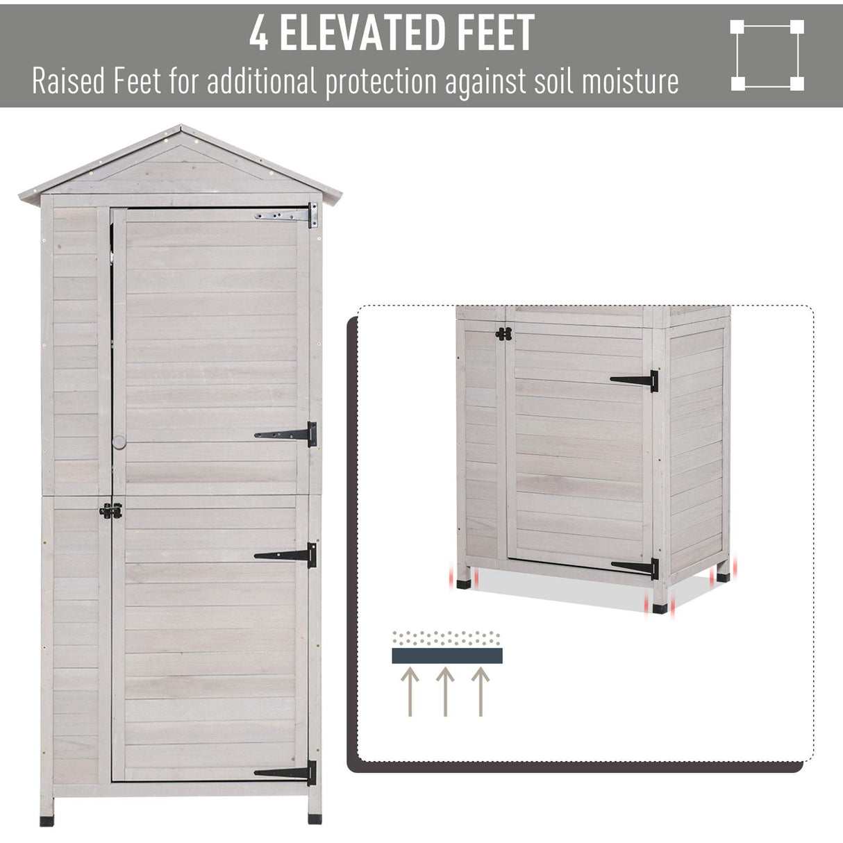 Outsunny 36" x 25" x 79" Wooden Storage Shed Cabinet, Outdoor Tool Shed Organizer with 4-Tier, 3 Shelves with Handle Tin Roof Magnetic Latch Foot Pad, Light Grey Outsunny