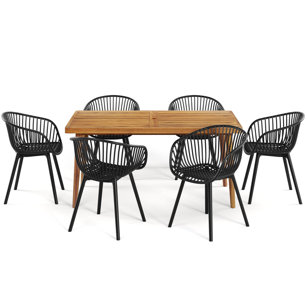 Christopher Knight Home Echoa 7-Piece Patio Dining Table Sets with Umbrella Hole, 63'' Table and Chairs Set for 6 People, Acacia Wood Table Plastic Chairs for Lawn Backyard Garden Deck, Black+Teak Christopher Knight Home