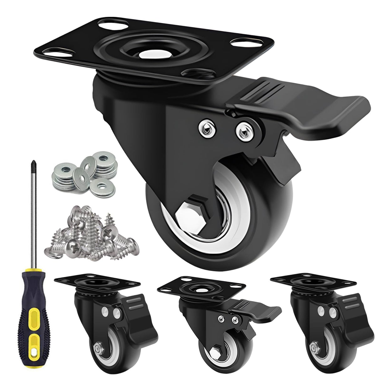 2 Inch Caster Wheels, Casters Set of 4 Heavy Duty Casters with Brake, Locking Casters with Polyurethane (PU) Wheels, Swivel Plate Castor Wheels for Cart Furniture and Workbench MSH&HCE