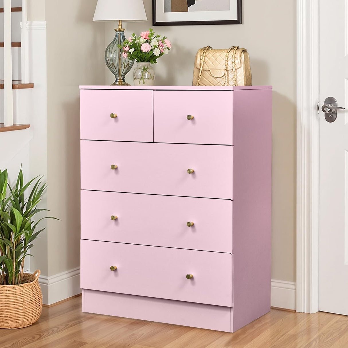 Karl home Dresser for Bedroom, Modern Wood Dresser Chest of Drawers, Bedroom Dressers Nightstand, Anti-Tipping Device, Rose Gold Metal Handle, Living Room, Hallway, Office (Pink-5 Drawer) Karl home
