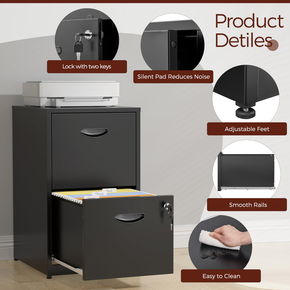 Kubohogar 2 Drawer File Cabinet with Lock,Black Metal Filing Cabinets,Vertical Locking File Cabinet Fit Hanging Files, Letter,File Box and A4 Documents (Black) Kubohogar