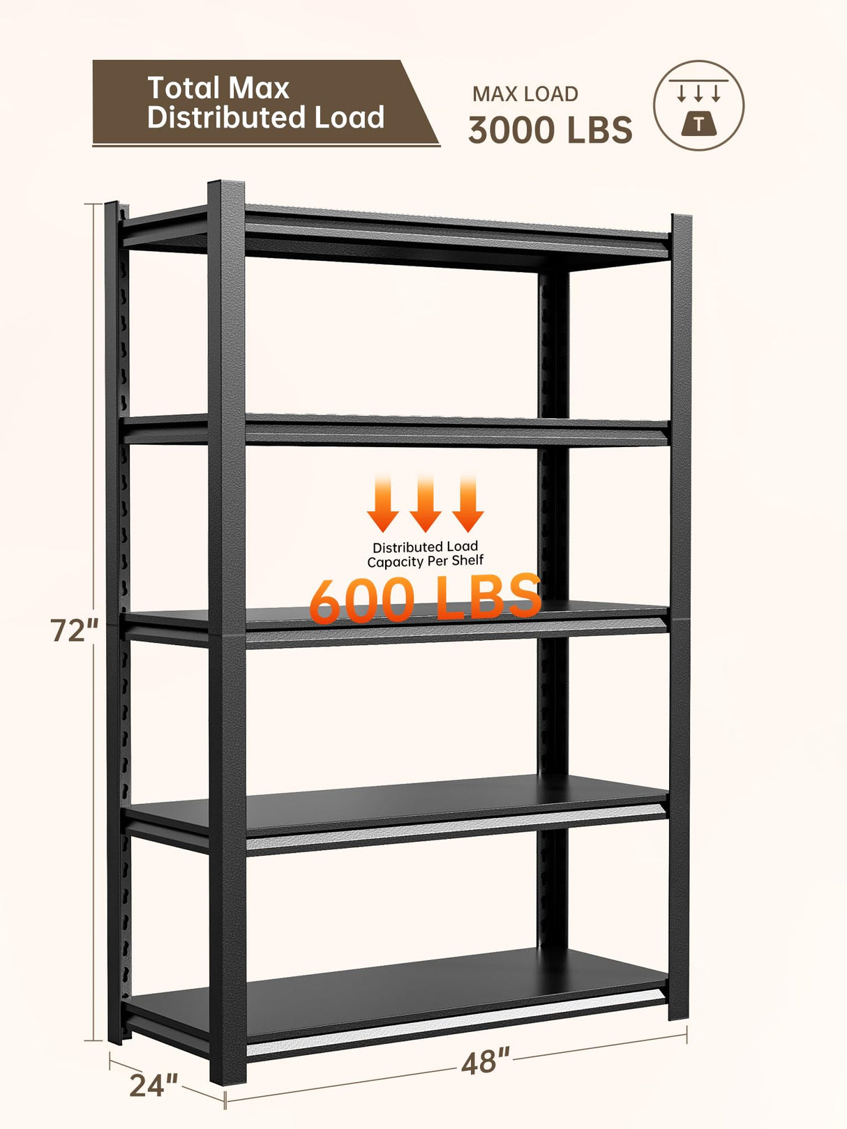 JHYKHG 48" W Storage Shelves,5-Tier Heavy Duty Garage Shelving,Adjustable Shelving Unit,Metal Shelf,Boltless Assembly Rack for Warehouse,Shed,3,000 lb Load,20 x 59 x 72 Inches,Black JHYKFG