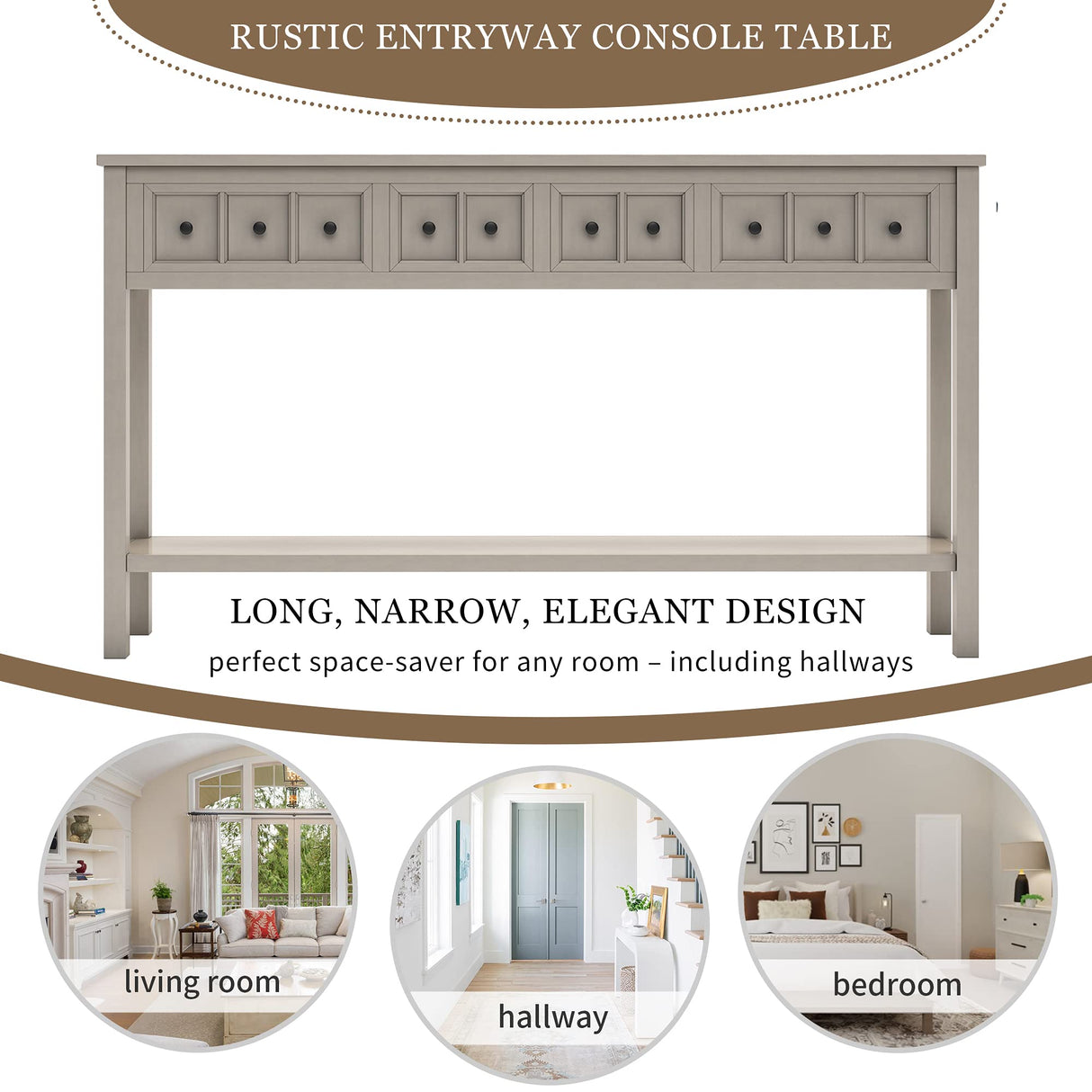 Knocbel Distressed Entryway 4-Drawer Console Table with Bottom Open Shelf, Entry Hallway Foyer Sofa Long Table with Solid Wood Frame & Legs, 220lbs Weight Capacity, 60" W x 11" D x 34" H (Gray Wash) Knocbel