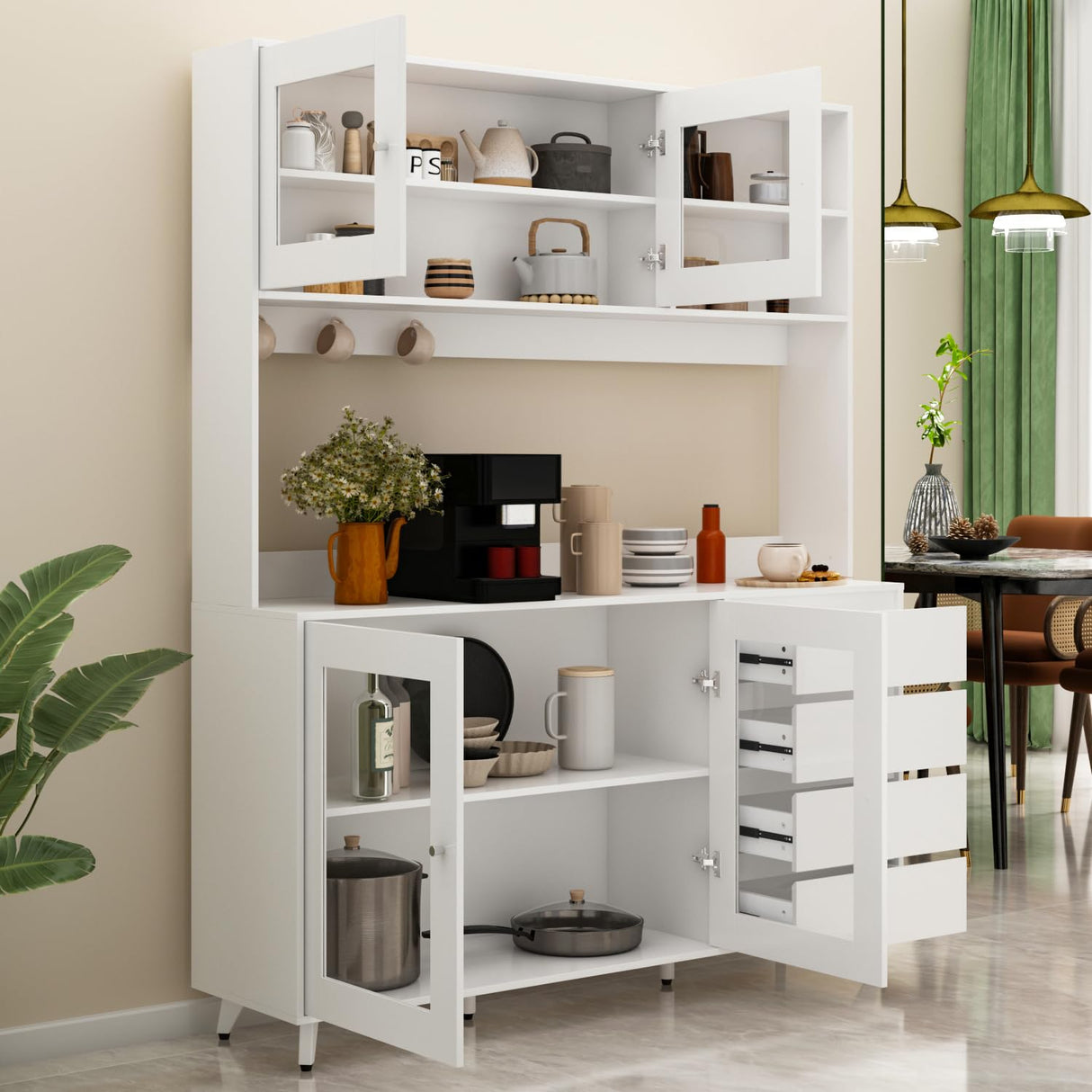 ECACAD Freestanding Kitchen Pantry Storage Cabinet with 4 Glass Doors, Shelves & 4 Drawers, Modern Sideboard Buffet Cabinet, Wood Kitchen Cupboard with Hutch and Hooks, White ECACAD