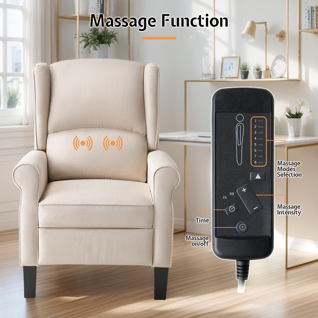 Jocisland Pushback Recliner Chair, Modern Fabric Wingback Armchair with Storage Pockets and Wood Legs, Classic Living Room Single Sofa for Small Spaces, Linen, Beige Jocisland