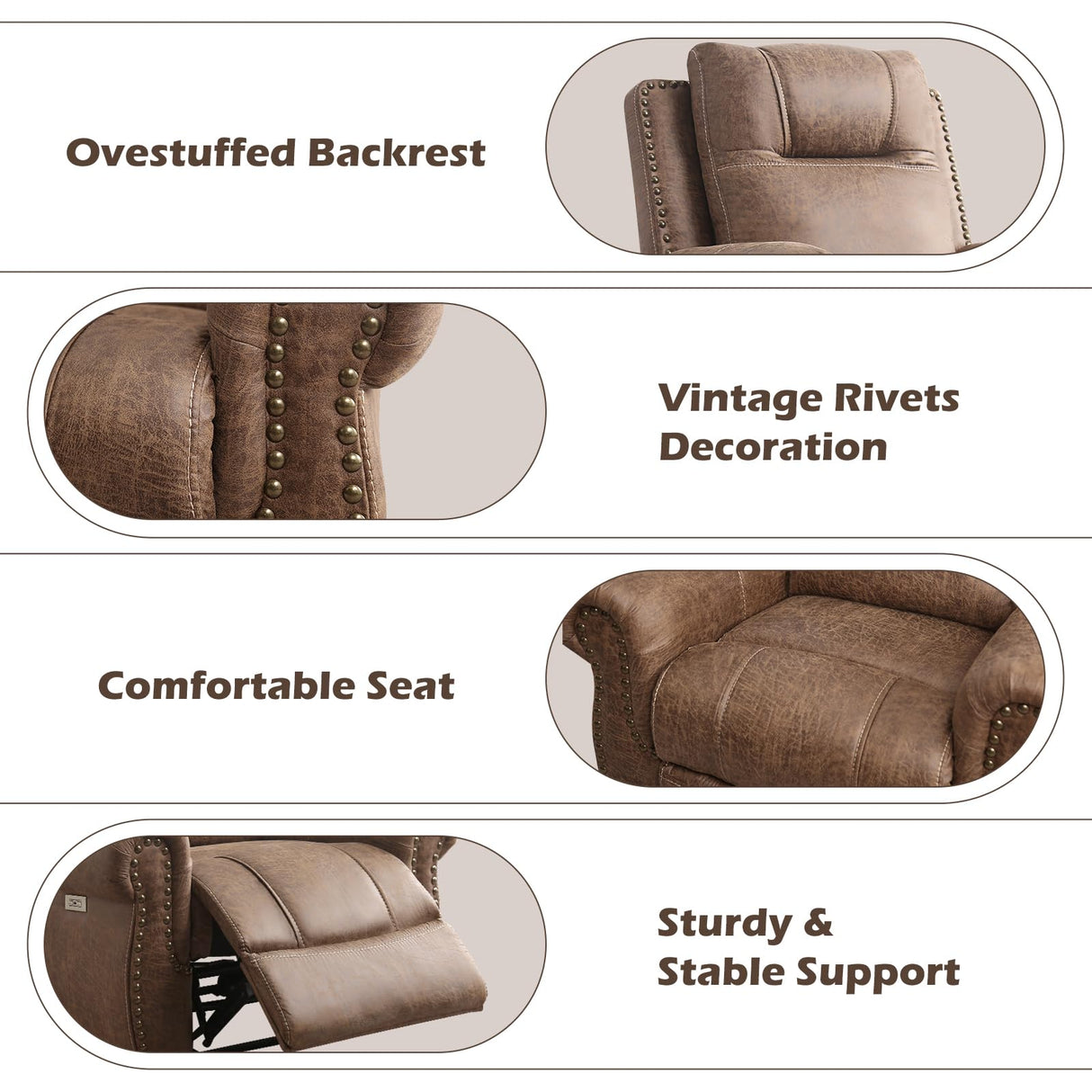 CANMOV Power Recliner Chair for Adults,Faux Leather Electric Reclining Chair with Overstuffed Arm and Back,Classic Power Recliner Single Sofa with Rivet Decoration, USB Port for Living Room,Nut Brown CANMOV