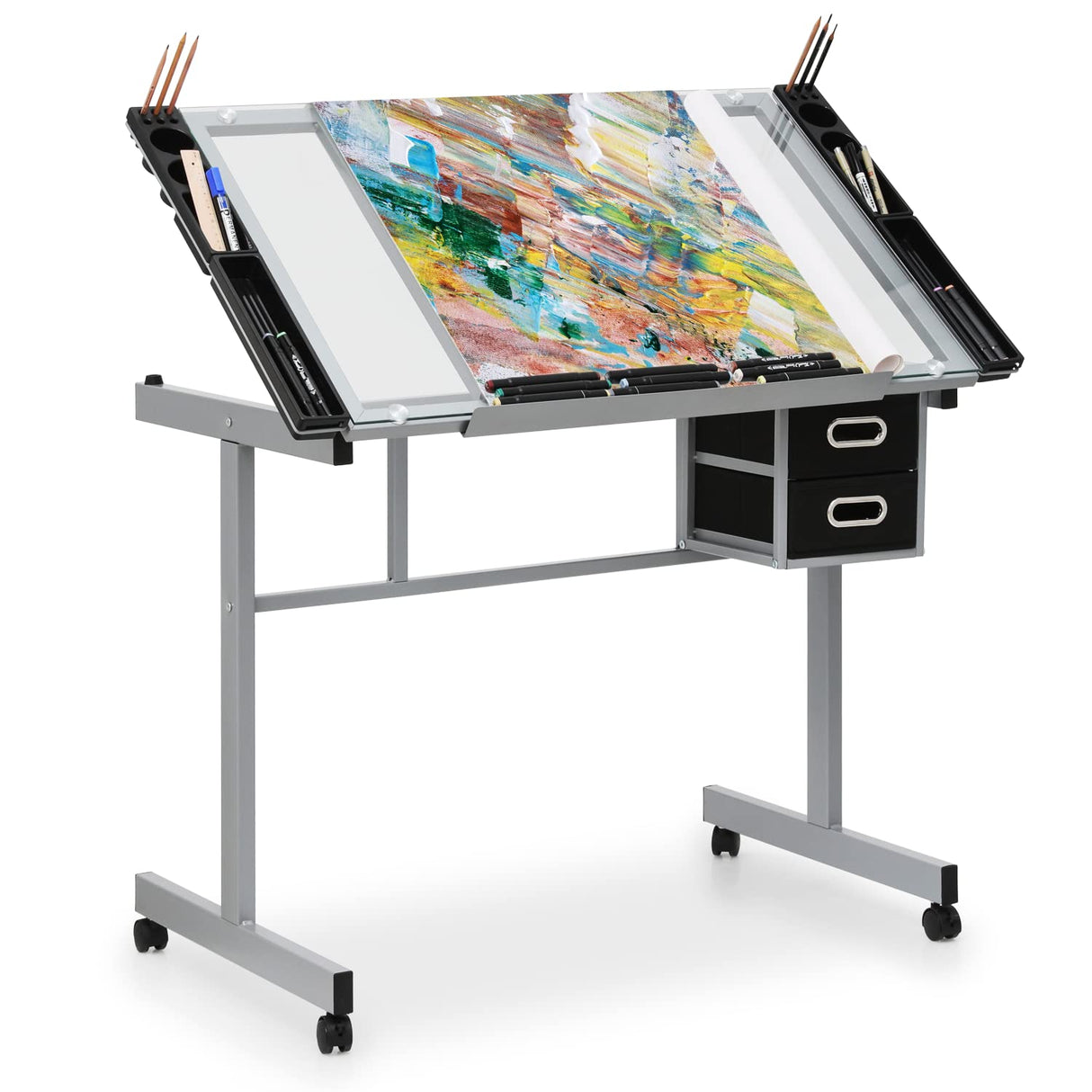 MoNiBloom Drafting Table on Wheels with Storage & Side Tray - Adjustable 0-65° Glass Tabletop, Replaceable Feet Art Desk MoNiBloom
