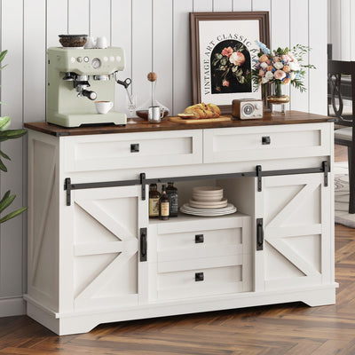 PLYFOU 55" Farmhouse Buffet Cabinet, Kitchen Sideboard with Sliding Barn Doors and 4 Drawers, Rustic Wood Storage Cabinet with Adjustable Shelves, 35'' Tall Coffee Bar Table for Dining Room, White