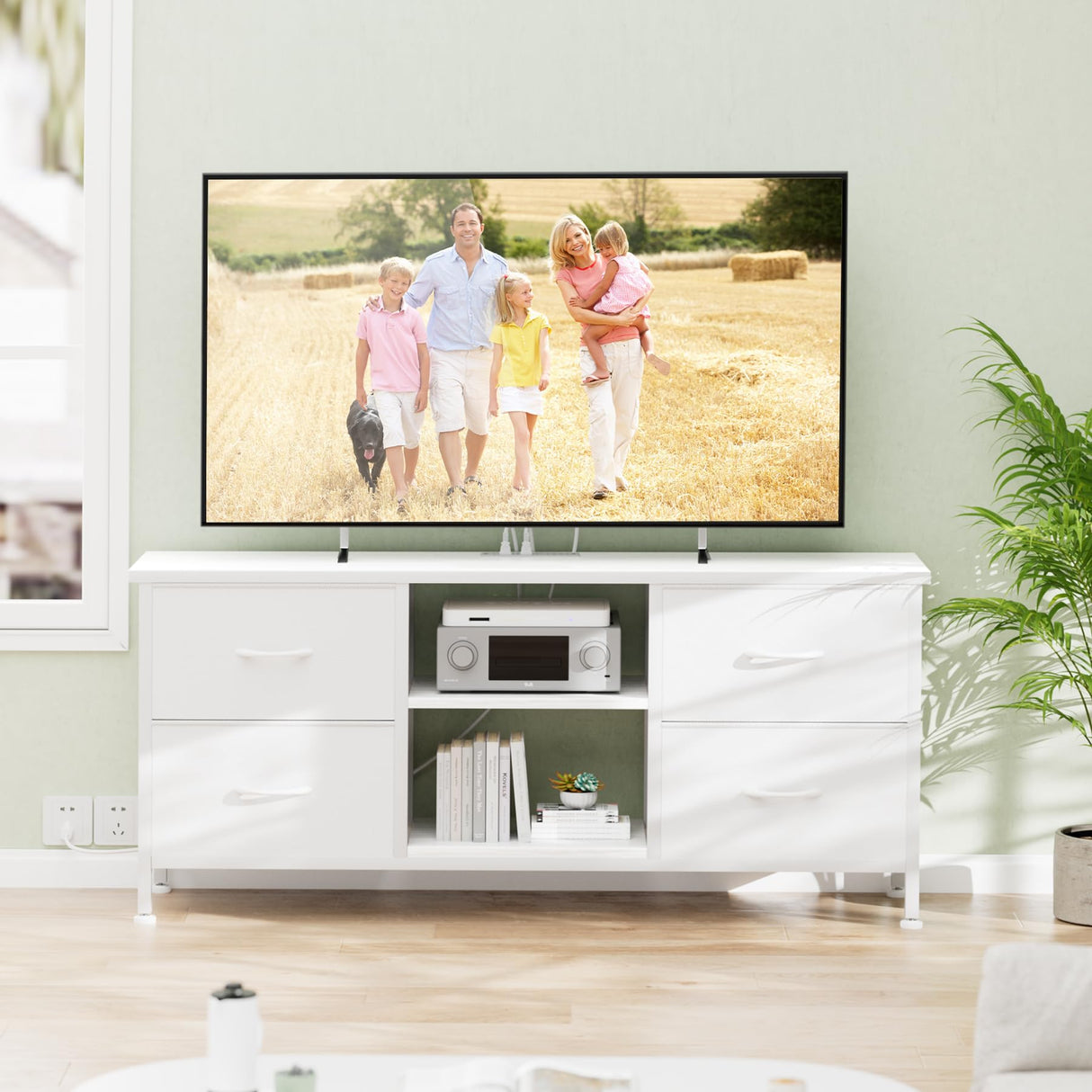 YaFiti Dresser TV Stand with Power Outlet, Entertainment Center with 4 Fabric Drawers and Open Shelves for 50" TV, Media Console Table, Dresser for Bedroom, Living Room, Entryway, White YaFiti