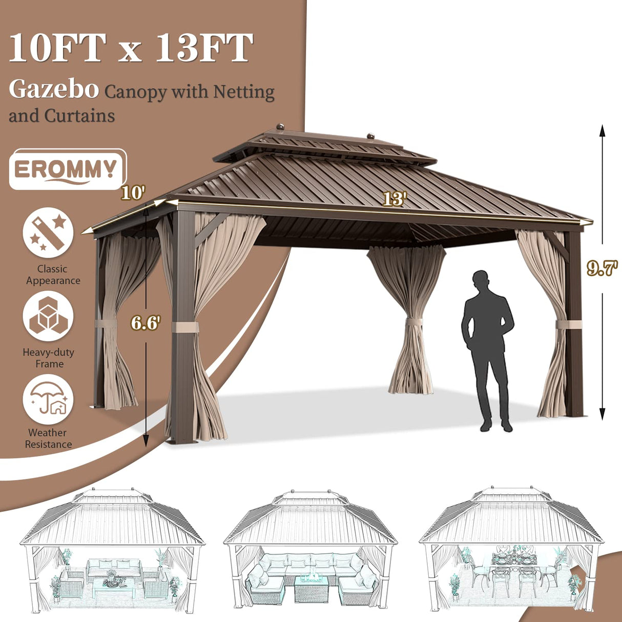 EROMMY 10'x13' Hardtop Gazebo, Galvanized Steel Outdoor Aluminum Canopy with Netting and Shaded Curtains, Double Roof Pergolas, Permanent Metal Pavilion for Patio, Backyard, Deck and Lawns, Brown EROMMY