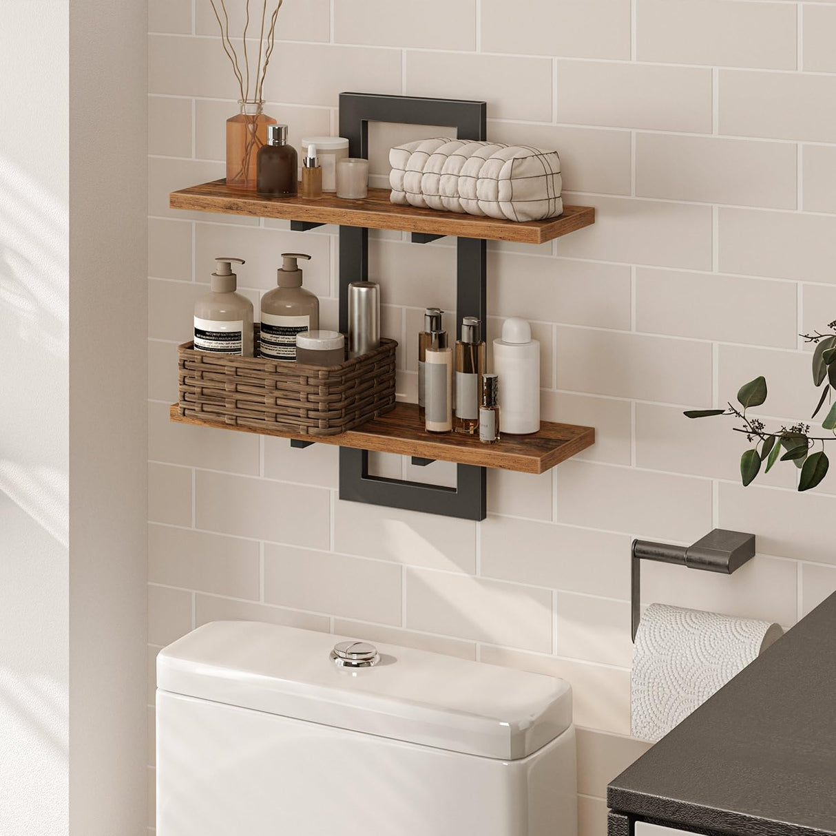 HOOBRO Floating Shelves, 15 Inch Wall Shelf Set of 2, Wall Mounted Storage Shelves 2-Tier, Hanging Bathroom Shelves, for Living Room, Bedroom, Bathroom, Kitchen, Rustic Brown and Black BF32BJ01 HOOBRO