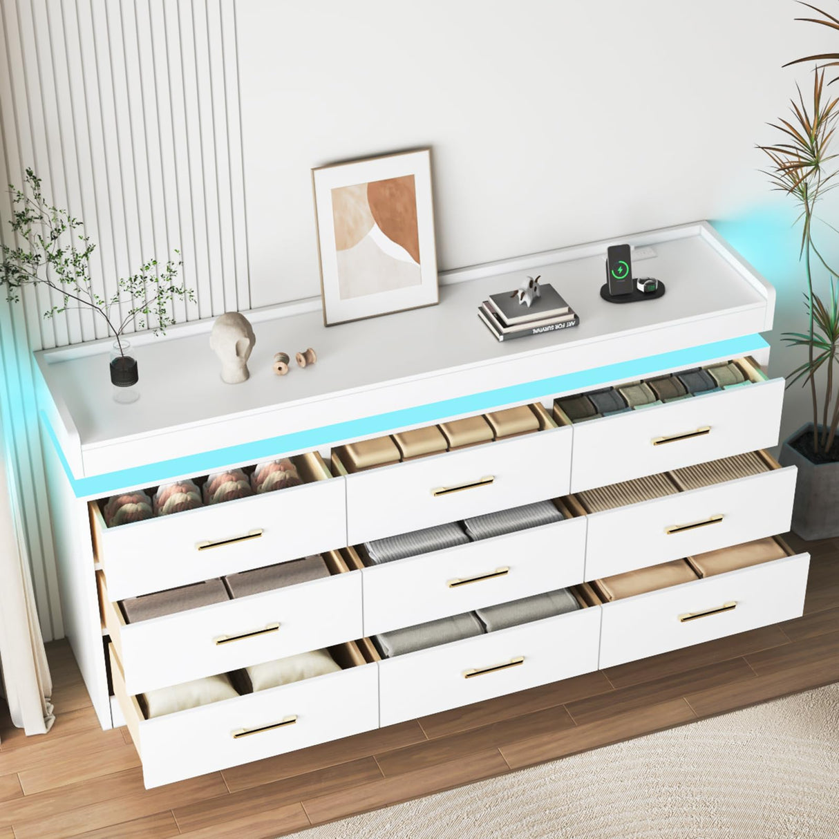 Bvldfamly Wide 9 Drawers Dresser with LED Lights - 63 INCH Modern Wooden Chest of Drawers for Bedroom, Charging Station Storage Organizer Closet for Bedroom, Living Room, White Bvldfamly