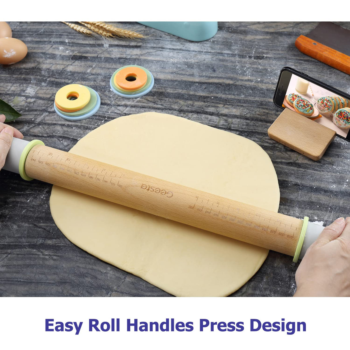 Geesta Adjustable Wood Rolling Pin with 5 Thickness Rings, Precise Dough Roller Handle Press Design with Measurement Guide for Baking Fondant, Pie Crust, Cookie, Pastry - Baking Essential Geesta