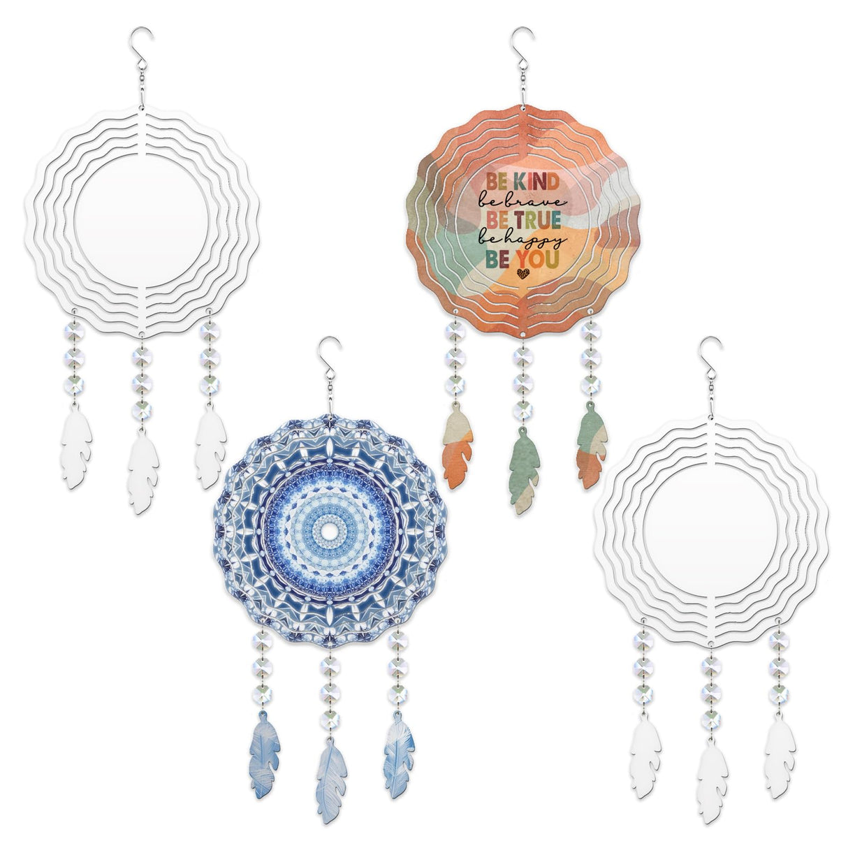 WindMage 4Pack 8inch Sublimation Wind Spinner Blanks 3D Aluminum Metal Wind Sculpture Kinetic Spinners for Yard and Garden Indoor Art Ornaments Hanging Decoration (Feather) WindMage