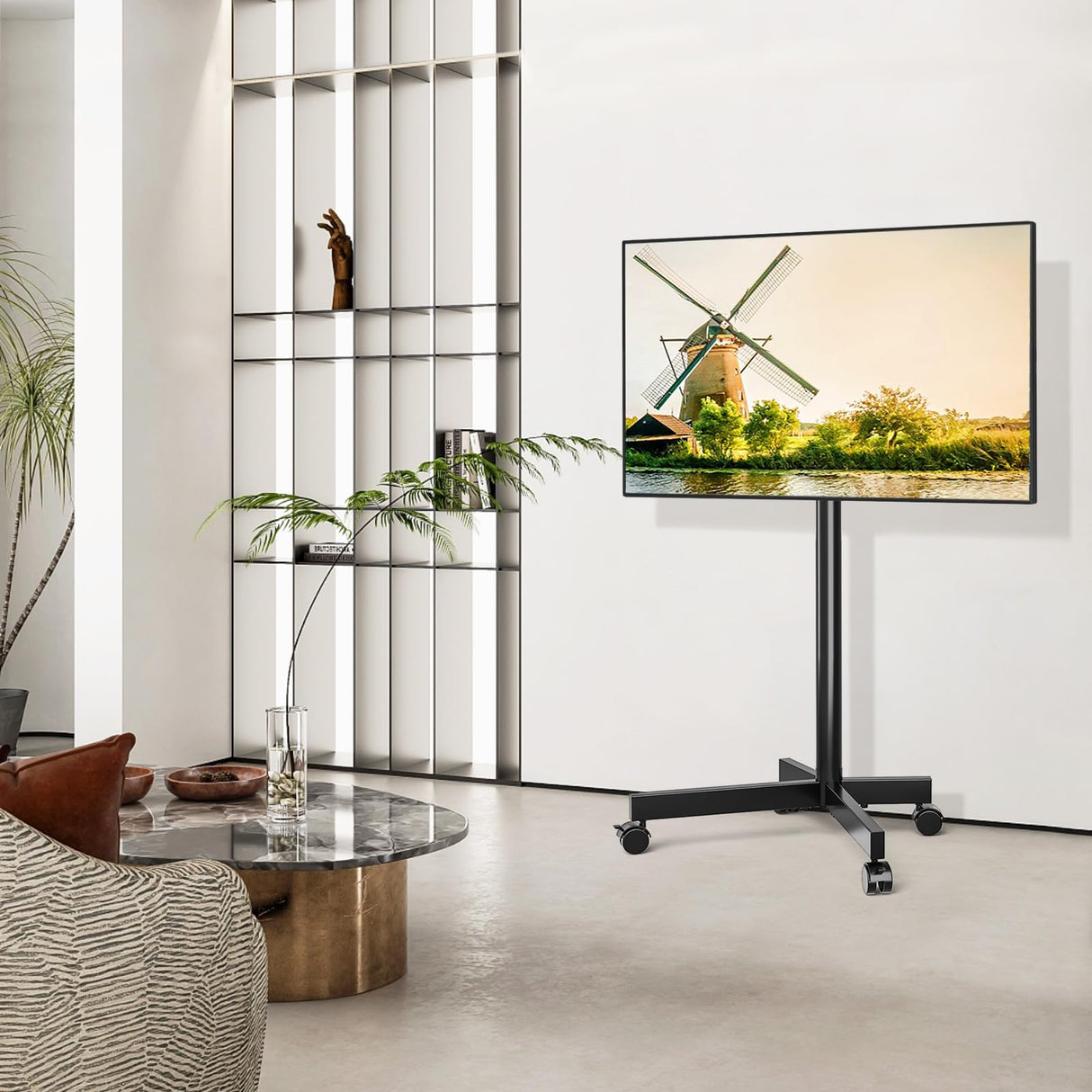 5Rcom Rolling TV Stand, Movable TV Stand with Apple TV/Roku Ultra Mount for 23-60 Inch TVs, Tilt/Height Adjustable Mobile TV Cart with Wheels Holds up to 88 lbs for Home Office, MAX VESA 400x400mm 5Rcom