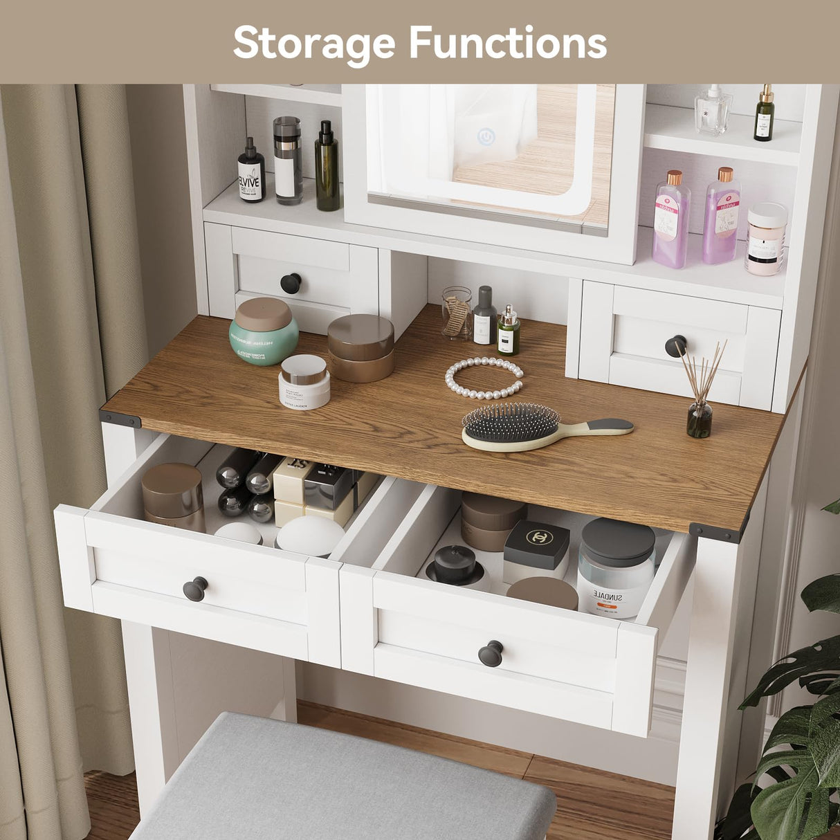 ARTETHYS Vanity Desk with Slide Mirror and Lights Farmhouse Makeup Vanity Set with Chair Small Dressing Table with Drawer for Bedroom, White and Brown ARTETHYS