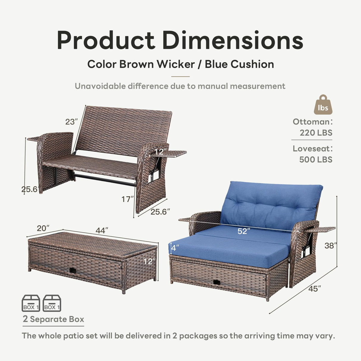 Belord Oversize Outdoor Daybed Set - Patio Recliner Loveseat with Storage Ottoman, Wicker Double Lounge Chair wth 5 Level Adjustable Backrest and 2 Retractable Table Belord