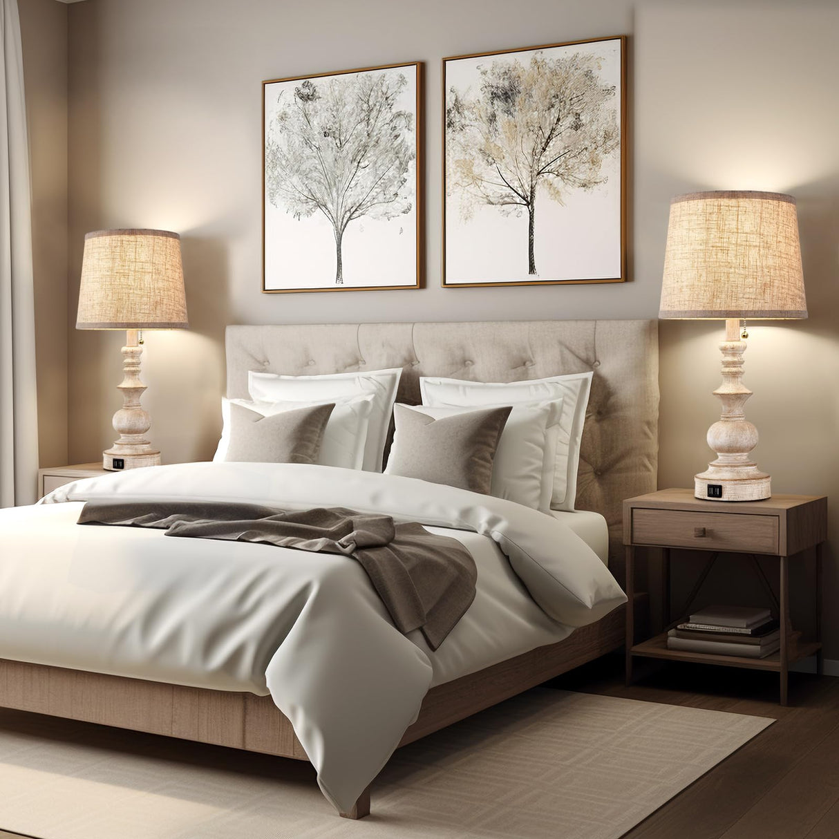 Drawealth Table Lamps for Bedrooms Set of 2 Farmhouse Bedside Lamps for Nightstand with USB Charging Ports Traditional Side Table Lamps for Living Drawealth