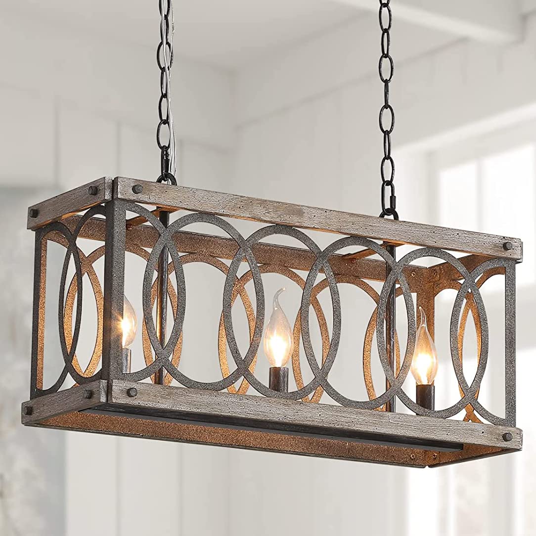 PHILOMENA Antique Wood Farmhouse Chandelier, 3-Light Rustic Bronze Cage Rectangular Dining Room Light Fixtures Over Table, Rectangle Linear Foyer Pendant Lamp Ceiling Hanging PHILOMENA