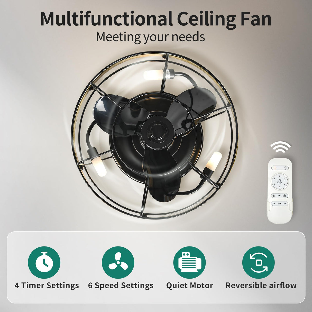 YITAHOME 15" Caged Ceiling Fans with Lights and Remote, Flush Mount Bladeless Low Profile, Small Farmhouse Rustic Enclosed Ceiling Fan for Bedroom, Kitchen, Indoor YITAHOME