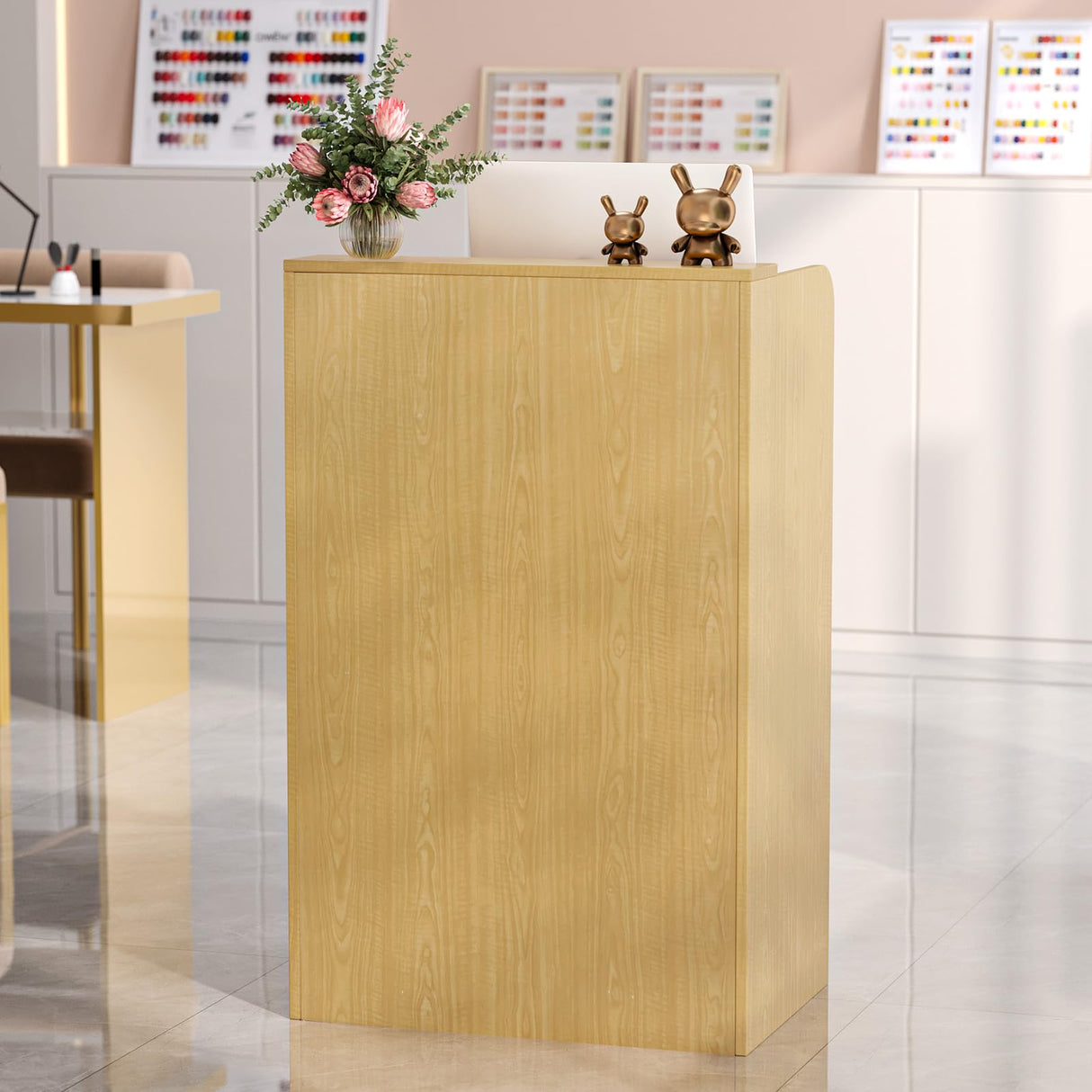 OmySalon Reception Desk with Counter, Small Front Desk w/Lockable Drawer, Wooden Modern Reception Table for Salon Lobby Office Home (Original Wood, 24) OmySalon