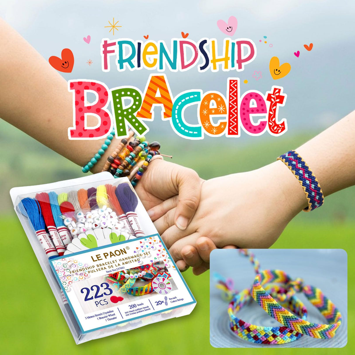 20 skiens Embroidery Floss,Embroidery Thread Friendship Bracelet Stitch Kit, Crafts Thread with 200beads,1 roll of transparent thread, 1 bracelet wheel,1 threader LE PAON