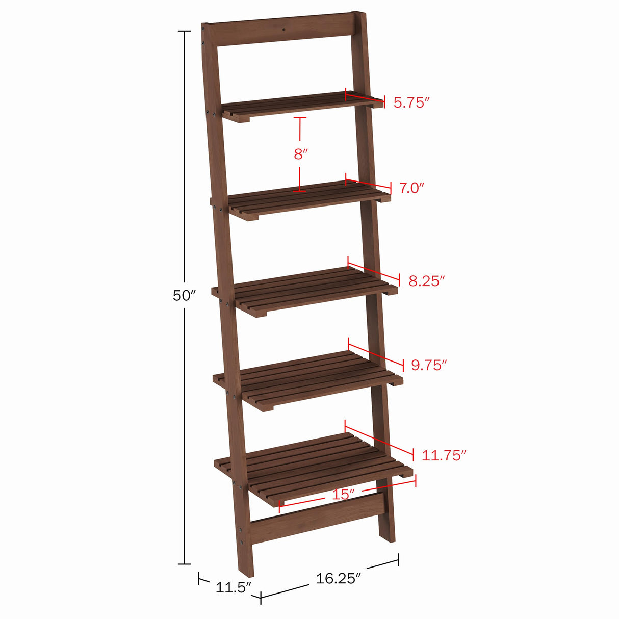5-Tier Ladder Shelf - 50-Inch Narrow Leaning Bookshelf - Wooden Bookcase for Living Room, Bathroom, Kitchen, Office, or Bedroom Furniture by Lavish Home (Walnut) Lavish Home