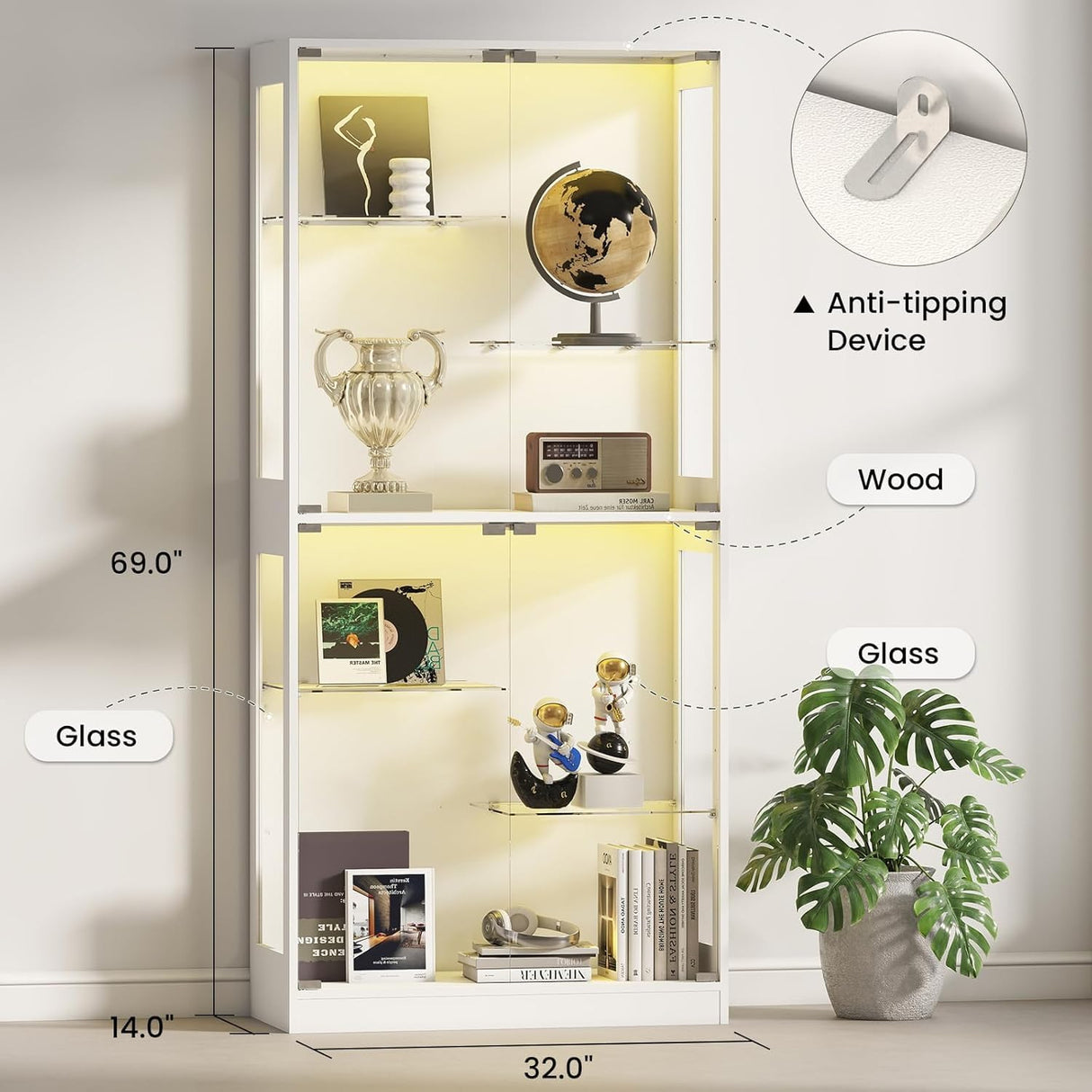Lamtor 69-Inch Glass Display Cabinet - Adjustable Shelves Display Case, Curio Cabinet with RGB Lighting, for Game Room, Living Room, Bedroom, White Lamtor