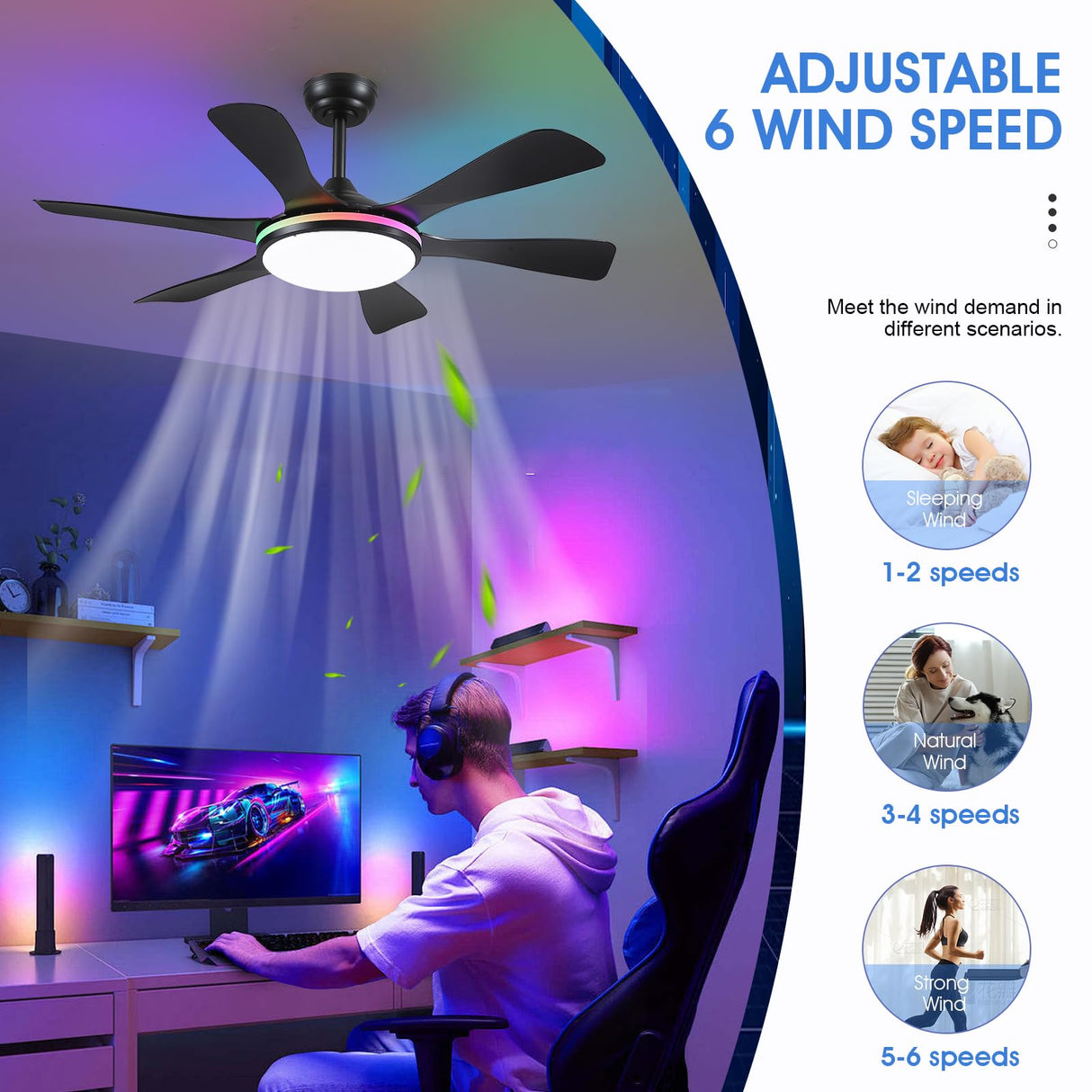 Surtime Ceiling Fans with Lights-47 Low Profile Ceiling Fan with 7-Color RGB Light and Remote/APP Control,Flush Mount,DC Reversible,LED Dimmable Black Ceiling Fans for Bedroom,Indoor/Outdoor Patio Surtime