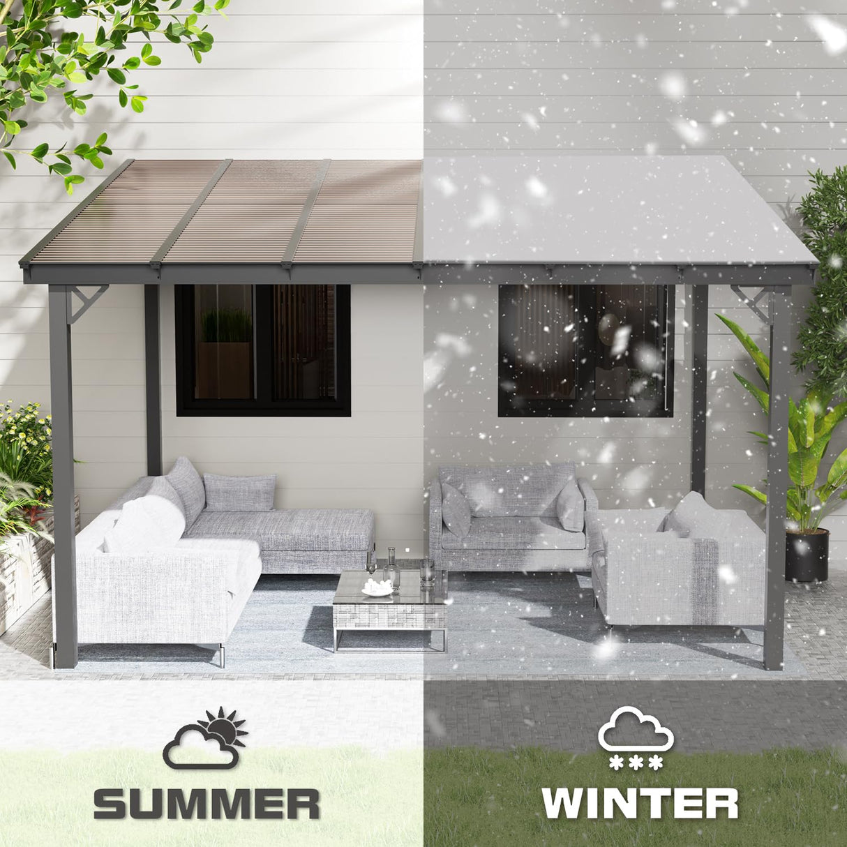 EBE 12' x 10' Gazebo, Wall Mounted Gazebo Pergola on Clearance, Hardtop Lean to Gazebo Awning with Sloped Roof, for Patio, Porch, Deck EBE