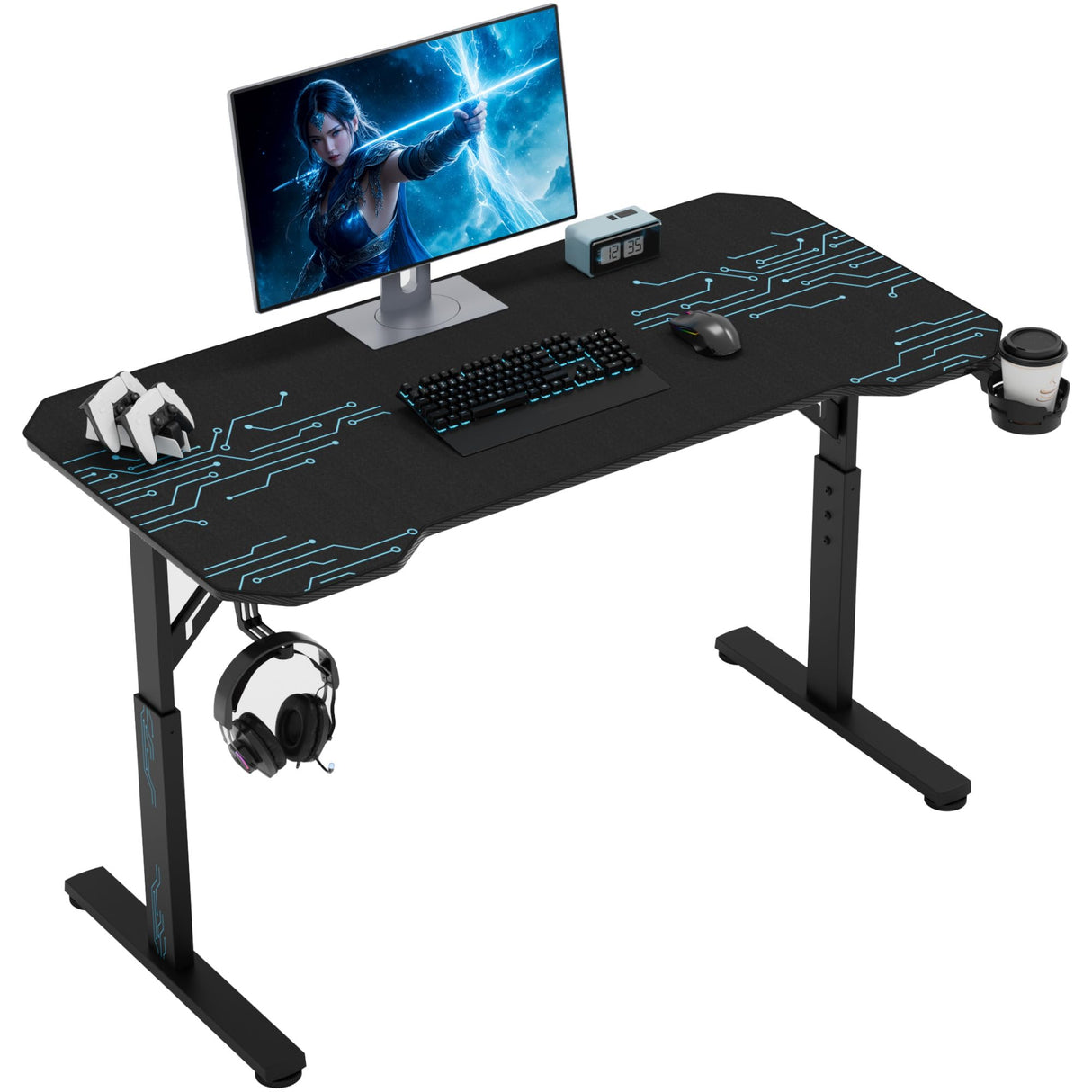 Furmax Height Adjustable Gaming Desk Gamer Table T Shaped with Carbon Fiber Surface Computer PC Desk with Full Covered Mouse Pad, Cup Holder & Headphone Hook, Black (55 Inch) Furmax