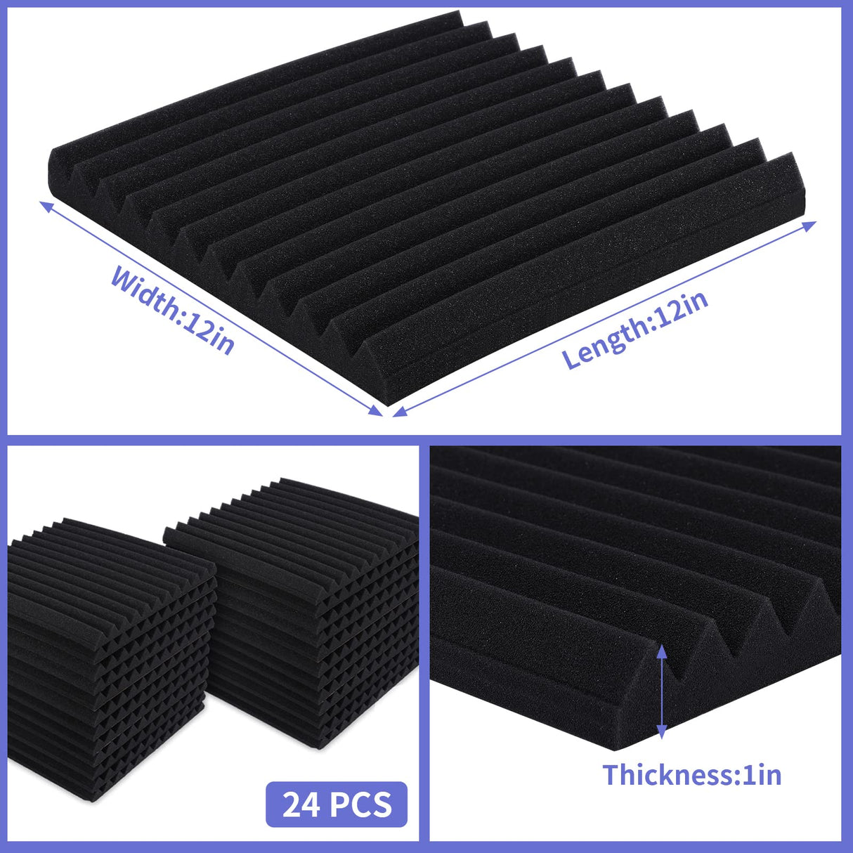 24 Pack Acoustic Panels, 1" X 12" X 12" Acoustic Foam Panels, Sound Proof Foam Panels, Self-Adhesive Soundproof Wall Panels,Fire-Proofed Soundproofing Wedges,Acoustic Treatment Foam for Home-Black Dmsky