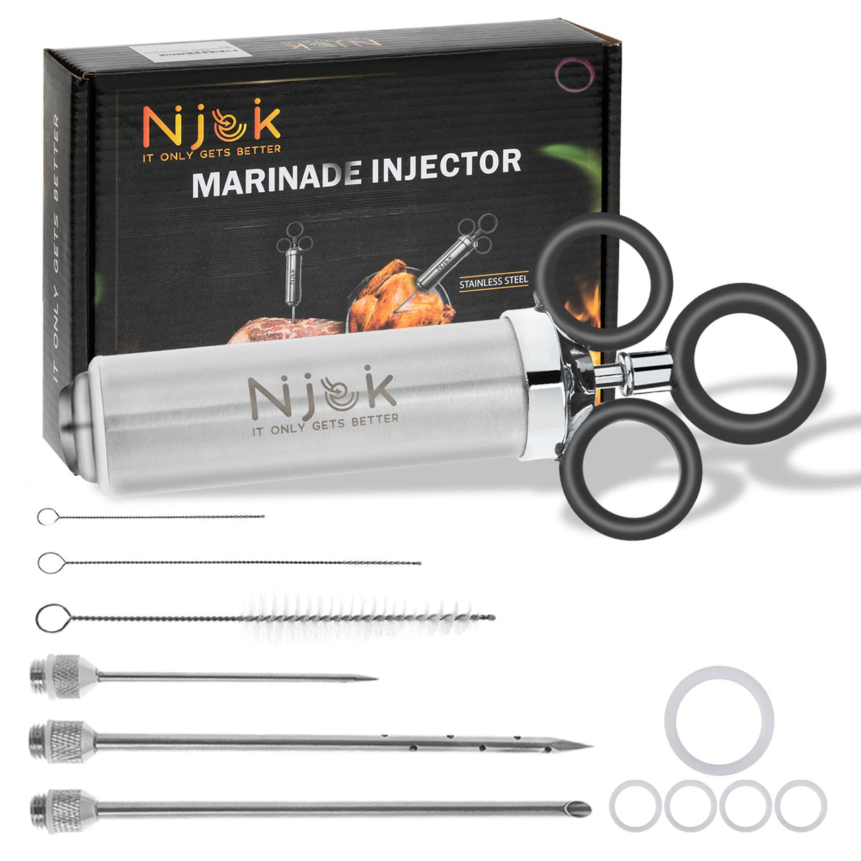 Njek Stainless Steel Meat Flavor Injector Kit, 2-oz Large Capacity with 3 Professional Needles, Marinade and Seasoning Injector Syringe for Beef, Turkey, Brisket, Sturdy and Heavy-duty for BBQ Grill Njek