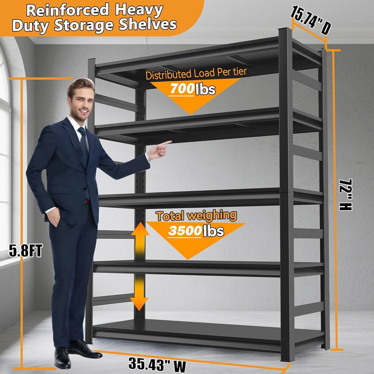 72''H Garage Shelving, Heavy Duty 36''W Storage Shelves, 2500lbs Adjustable 5 Tier Metal Shelves for Storage Rack, Commercial Garage Shelves, Industrial Utility Shelf,16" D X 36" W X 72" H,Black PRESTELION