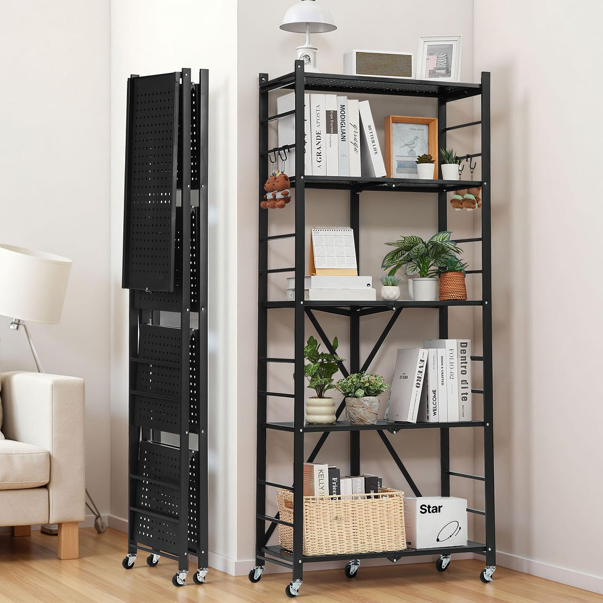 VEVOR 5-Tier Foldable Storage Shelf, 28W x 13D x 66H Inch Folding Metal Rack Shelving Unit, No Assembly Organizer Shelf with 5 Wheels & 4 Hooks for Pantry, Kitchen, Garage, Basement, Black VEVOR