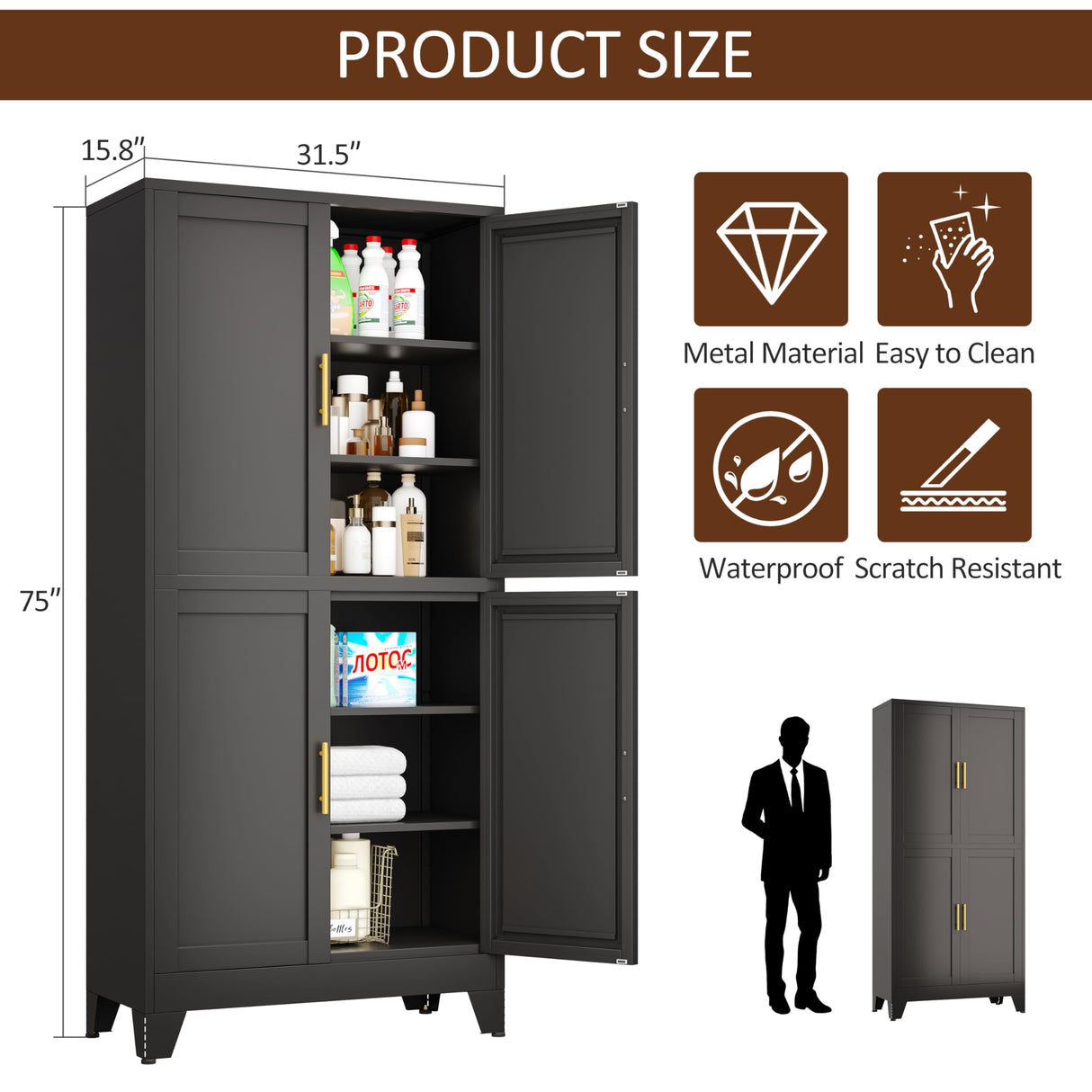 pozdeg 75" H Tall Metal Storage Cabinet with 4 Doors, Metal Kitchen Pantry Cabinet with 4 Adjustable Shelves, Freestanding Cupboard for Kitchen Dining Room Living Room Bathroom (Black) pozdeg