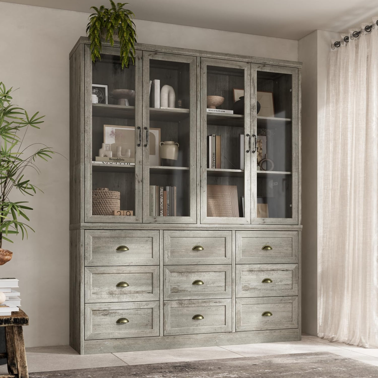 WOODTIME 78.7" H Display Storage Cabinet with Glass Doors, 9 Drawers & 3-Tier Shelves, Wooden Curio Cabinet Bookcase Bookshelf for Home Office Living Room Store, Grey WOODTIME