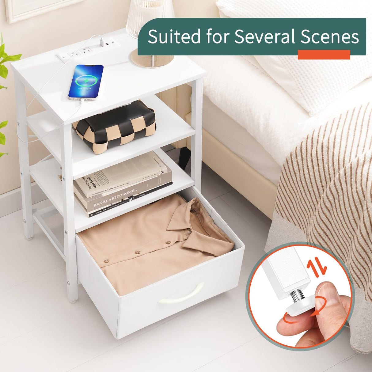 Yoobure White Night Stand with Charging Station, LED Nightstand for Bedroom, Bedside Tables with Adjustable Fabric Drawer, 3-Tier End Table Living Room, Small Side Table with Storage Yoobure