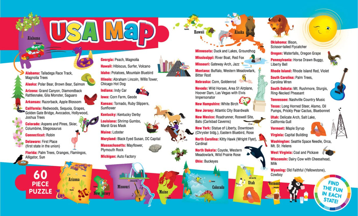 MasterPieces 60 Piece Educational Jigsaw Puzzle for Kids - USA Map State Shaped - 16.5"x12.75" Masterpieces