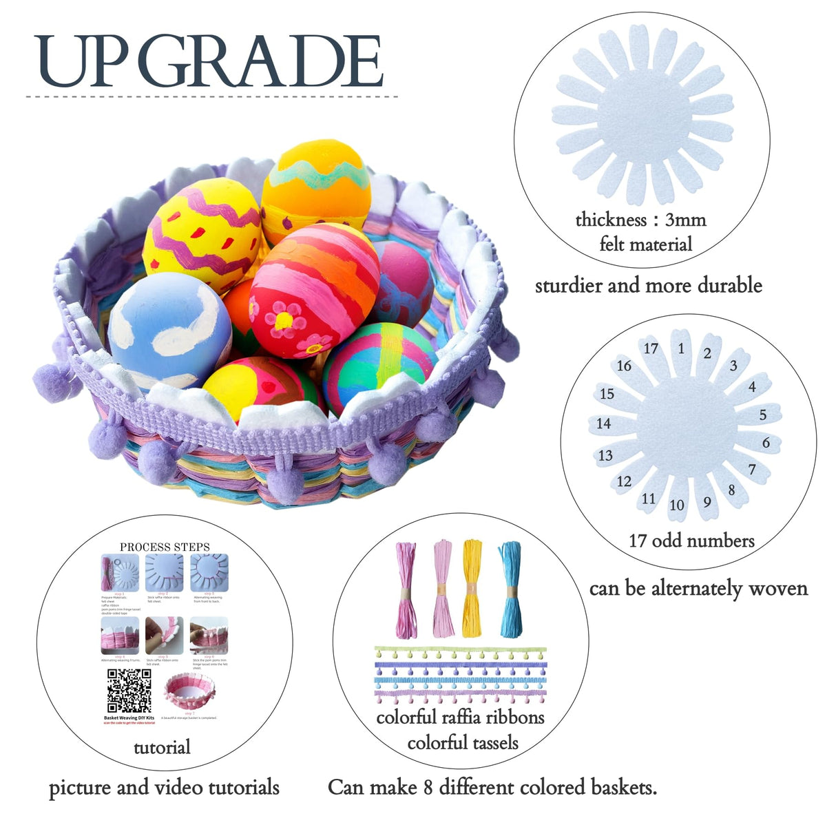 AOUXSEEM 8 Sets Cute Basket Weaving DIY Making Kits for Beginners, Colorful Raffia Ribbons Woven Storage Basket Bowls with Pom Poms Trim Tassel for Eggs AOUXSEEM