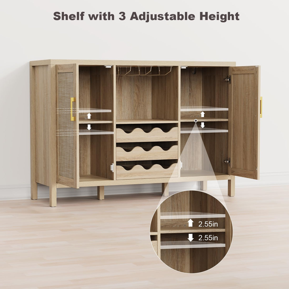 OTUTUMUS Rattan Wine Bar Cabinet, Boho Rattan Home Wine Bar Cabinet with Glass Holder and Drawer Style Wine Racks, Oak Sideboard Buffet Storage Cabinet for Living Dining Room Kitchen OTUTUMUS