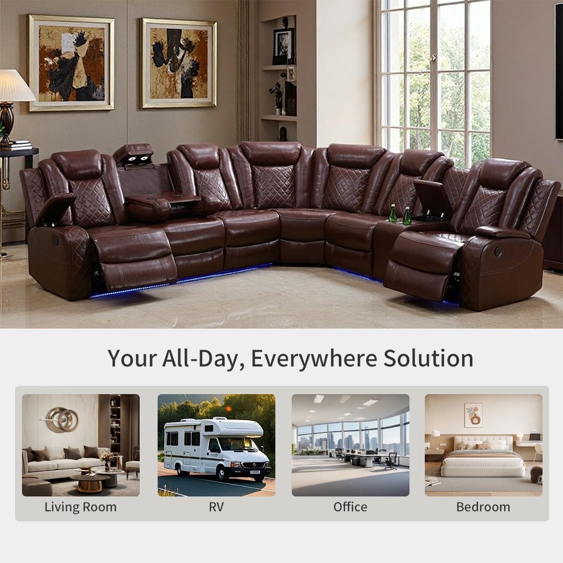 Toseslo Living Room Furniture Sets, Power Reclining Sofa Set, Brown Leather 2 Recliner Sectional with LED Light,Modern Power Recliner Sofa Sets with Cup Holder/Storage Console for Living Room Toseslo