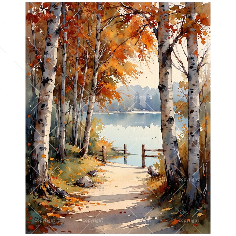 Lakeside Fall Foliage Paint by Numbers Kit for Adults - DIY Birch Trees and Lakeside Trail Painting on Canvas 16x20 Inches, Acrylic Paint Set, Suitable for Beginners, Art for Home Decoration or Gifts DecorFriday