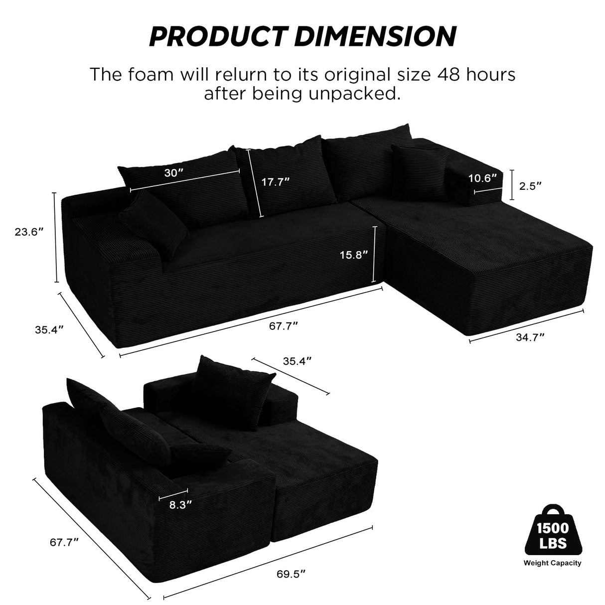 Black Cloud Couch Sectional Sofa in Box with L-Shape Chaise,Modern Modular Couches Upholstered with Deep Seat for Living Room,No Assembly Required SIMTONAL