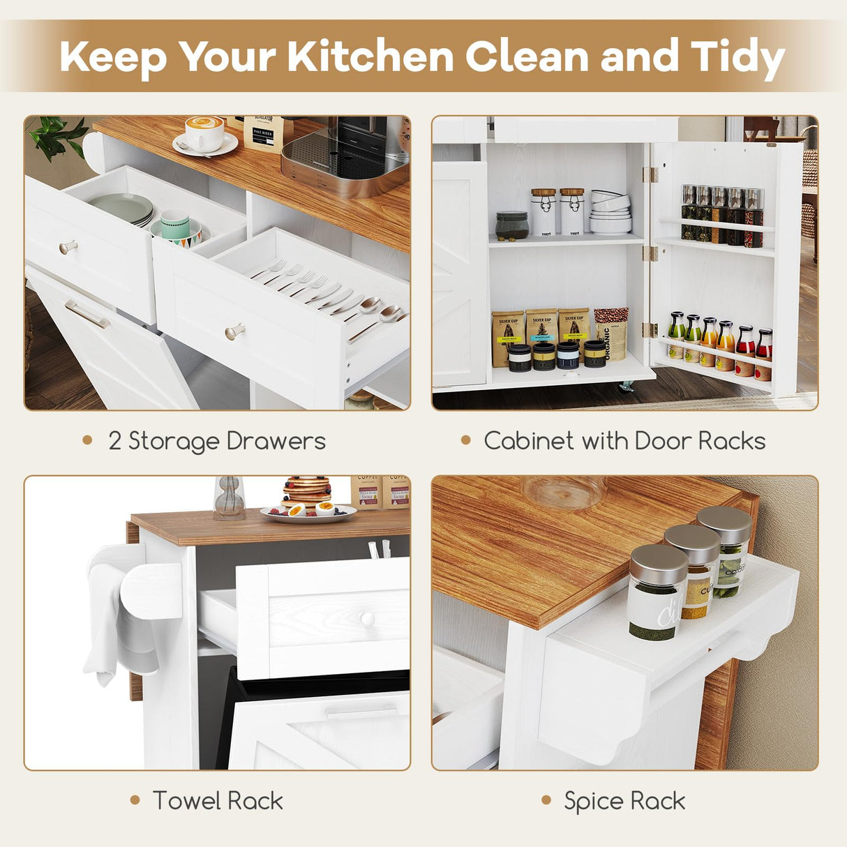 GOFLAME Kitchen Island Cart with Drop Leaf, Rolling Kitchen Cart on Wheels with Tilt Out Trash Can Cabinet, 2 Drawers, Storage Cabinet, Towel Rack & Spice Rack, Mobile Serving Trolley Cart, White GOFLAME