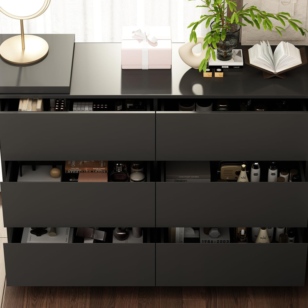 TAMUNE L-Shaped Dressing Table with 6 Drawers, Extendable Vanity Desk and Dresser Combo, Wood Vanity Dresser Makeup Desk, Wide Desktop for Bedroom Dressing Room Black (51.2”W x 47.2”D x 32.7”H) TAMUNE