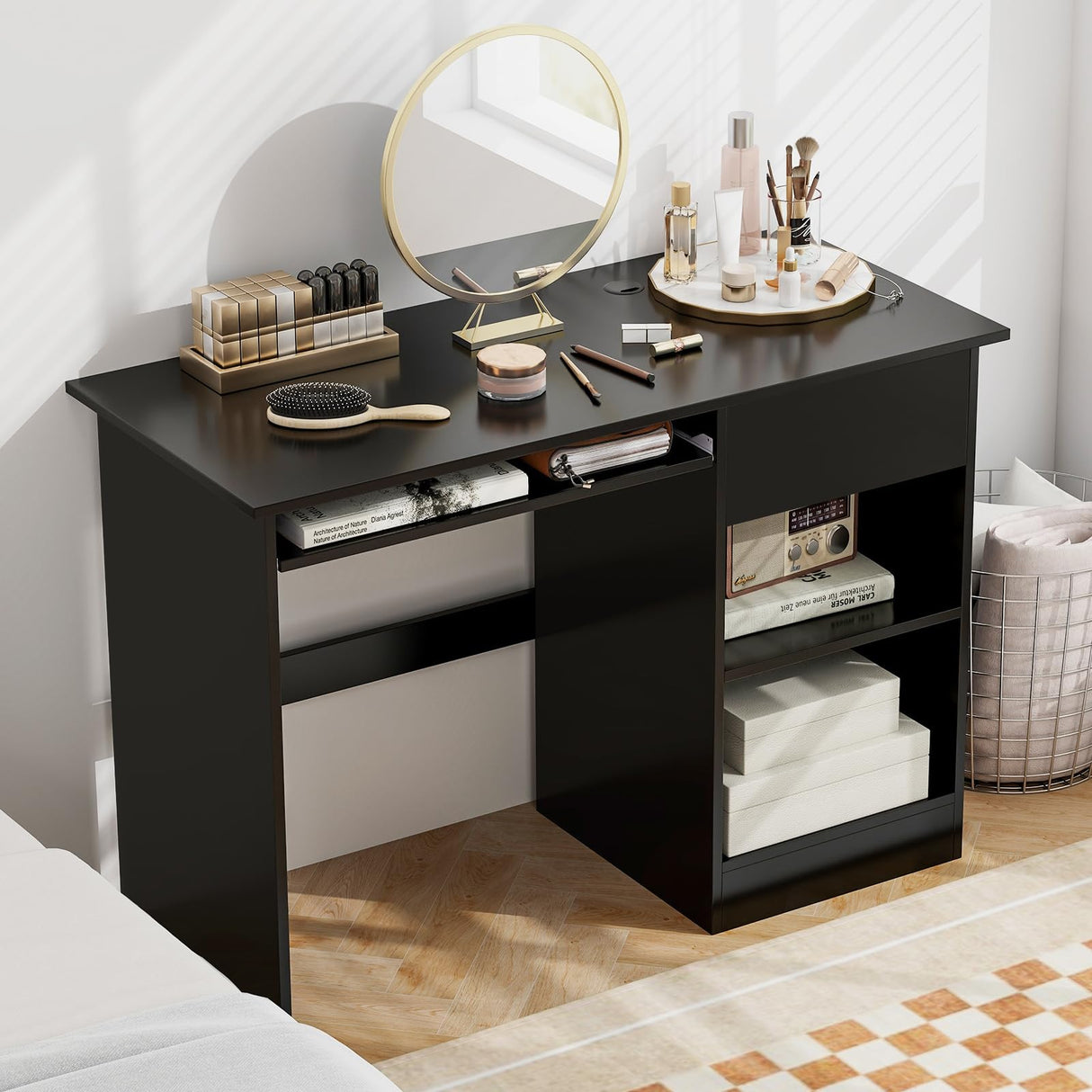 Tangkula Black Desk with Drawer, Wooden Computer Desk with Pull-Out Keyboard Tray & Adjustable Storage Shelves, Modern Laptop PC Desk with CPU Stand, Writing Study Desk for Bedroom (Black) Tangkula